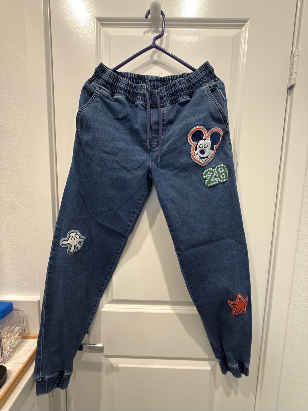 Her Universe Dark Blue Denim Joggers with Mickey Patch